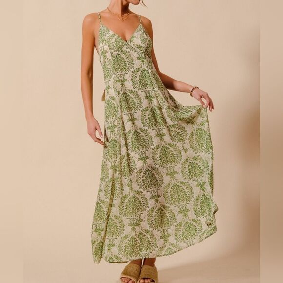 * Last One* Damask Floral Summer Maxi Flowy Dress With Open Back Sage Green XL - Picture 10 of 10
